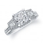 14k White Gold Three Stone Halo Diamond Engagement Ring - NK19437-W