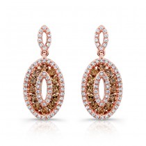 14k Rose Gold White and Brown Diamond Oval Frame Earrings 