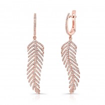14k Rose Gold White Diamond Feather Drop Earrings
