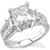 18k White Gold Three Stone Emerald Cut Diamond Semi Engagement Ring NK10139-W