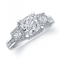 14k White Gold Three Stone Halo Diamond Engagement Ring - NK19437-W