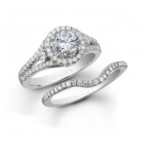18k White Gold Three Stone Halo Diamond Bridal Ring Set NK19453WE-W