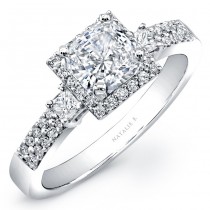14k White Gold Three Stone Princess Cut Halo Diamond Engagement Semi Mount Ring NK20537-W