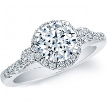 14k White Gold Three Stone Round Diamond Halo Engagement Semi Mount Ring NK20539-W