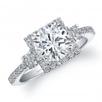 14k White Gold Three Stone Diamond Halo Engagement Ring - NK22925-W