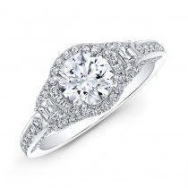 18k White Gold Diamond Halo Trapezoid Side Stone Engagement Ring