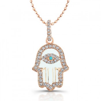 14k Rose Gold Diamond White Enamel Hamsa Pendant