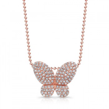 14k Rose Gold White Diamond Butterfly Pendant 