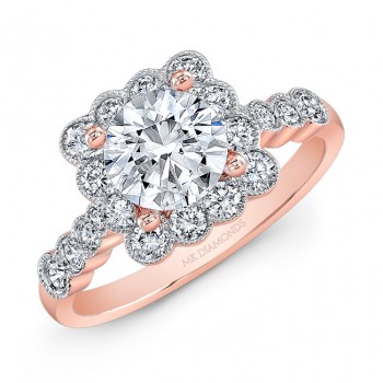 18K Rose Gold White Diamond Bezel Set Square Halo Engagement Ring 