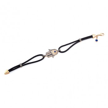 14k Rose Gold Diamond Hamsa Leather Rope Bracelet