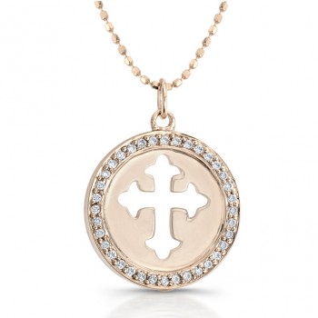 14k Rose Gold Diamond Cut-Out Cross Disk Pendant