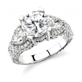 14k White Gold Diamond Engagement Ring with Pear Shaped Side Stones NK10032-W