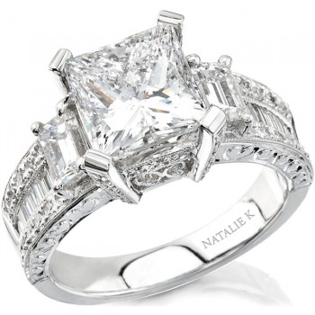 18k White Gold Three Stone Emerald Cut Diamond Semi Engagement Ring NK10139-W