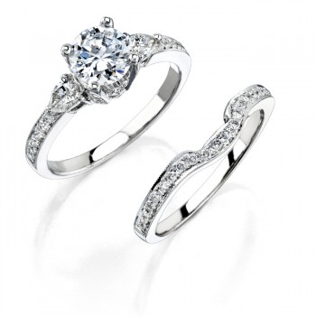 14k White Gold Three Stone Pear Shaped Diamond Bridal Ring Set NK12050WE-W