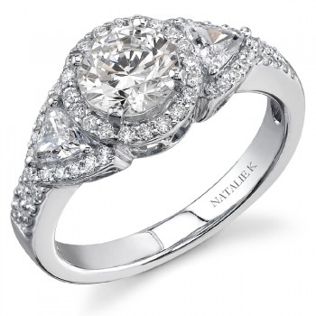 14K White Gold Three Stone Halo Diamond Engagement Ring NK16498-W