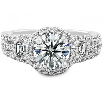 14k White Gold Trapezoid Three Stone Diamond Halo Engagement Ring NK17161-W