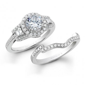 18k White Gold Three Stone Halo Baguette Diamond Bridal Ring Set NK19516WE-W