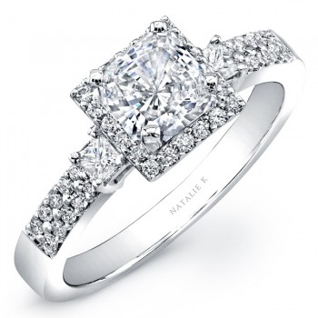 14k White Gold Three Stone Princess Cut Halo Diamond Engagement Semi Mount Ring NK20537-W