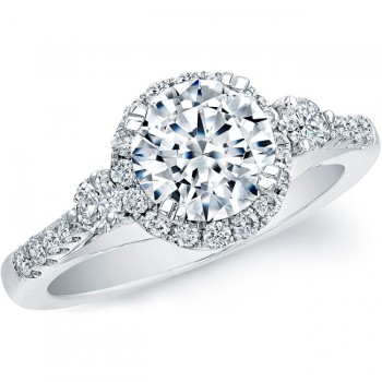 14k White Gold Three Stone Round Diamond Halo Engagement Semi Mount Ring NK20539-W
