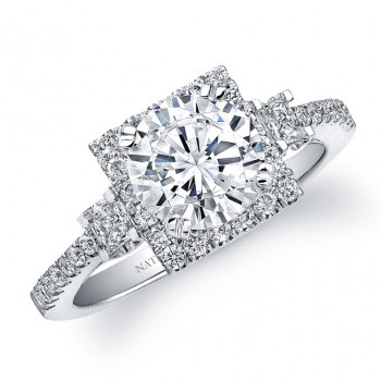 14k White Gold Three Stone Diamond Halo Engagement Ring - NK22925-W