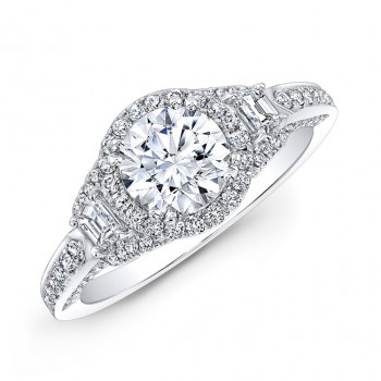 18k White Gold Diamond Halo Trapezoid Side Stone Engagement Ring