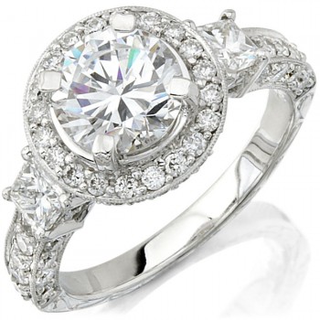 18k White Gold Three Stone Diamond Vintage Engagement Ring NK8779-W
